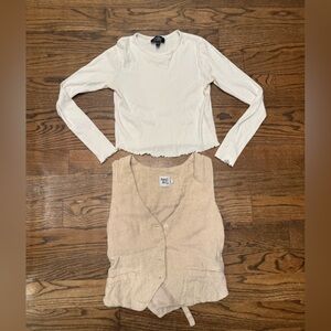 Princess Polly Tan Vest and Topshop White Long Sleeve Frill-Edged Top, size 6